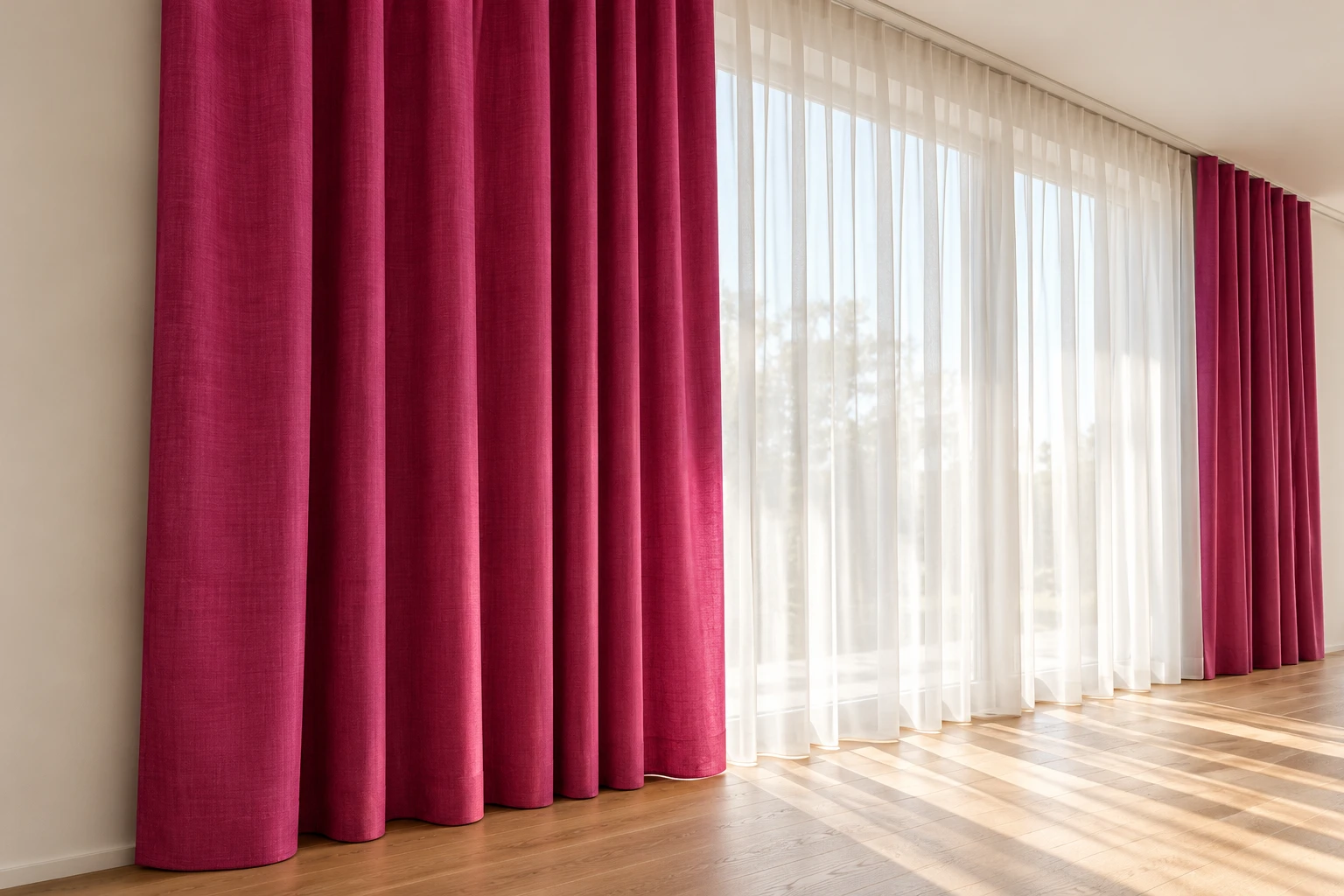 Fuchsiafarbene Gardinen und transparente Vorhänge mit gleichmäßigem Stofffall