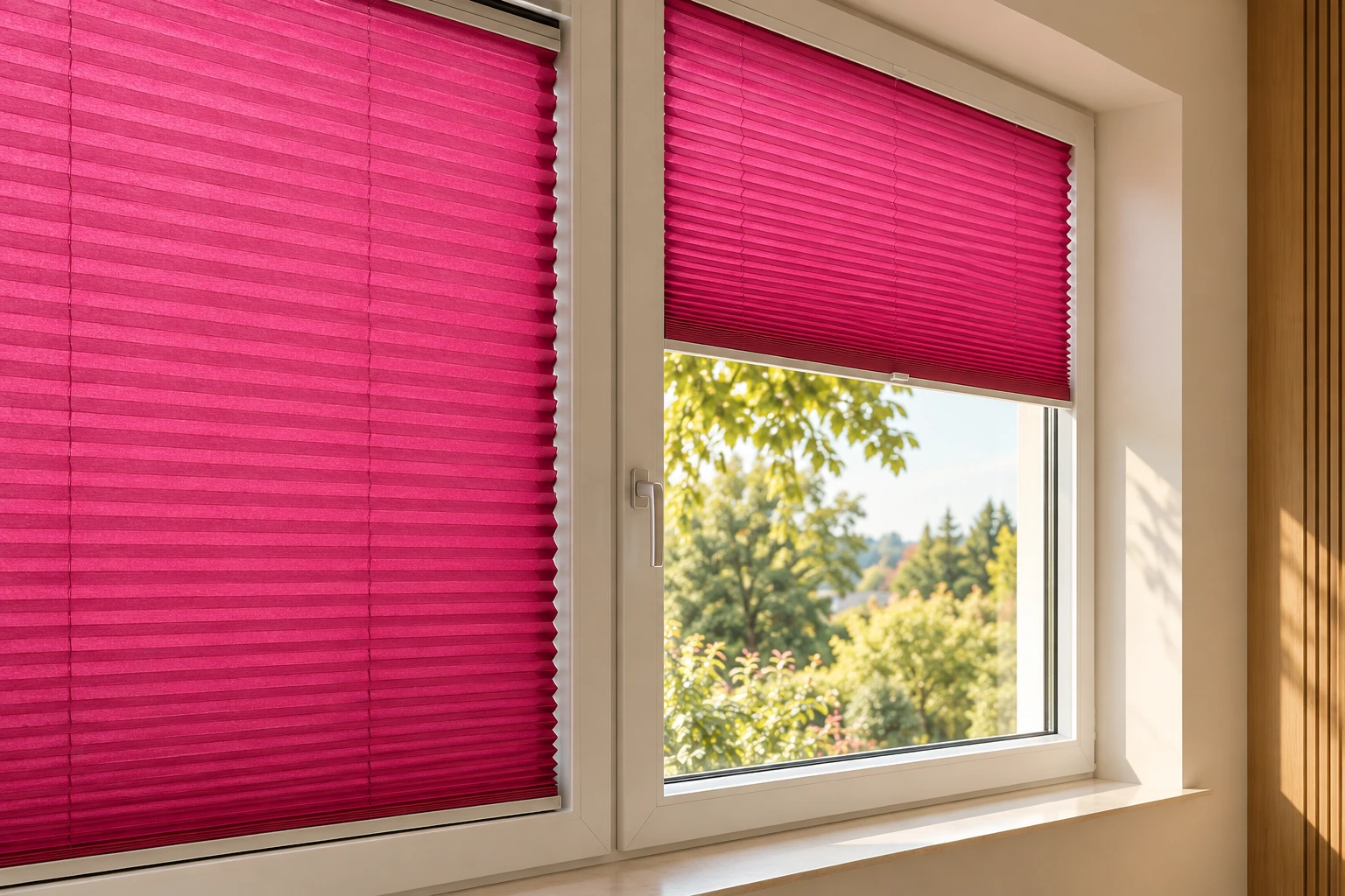 Innenliegender Sonnenschutz mit fuchsiafarbenen Plissees am Fenster