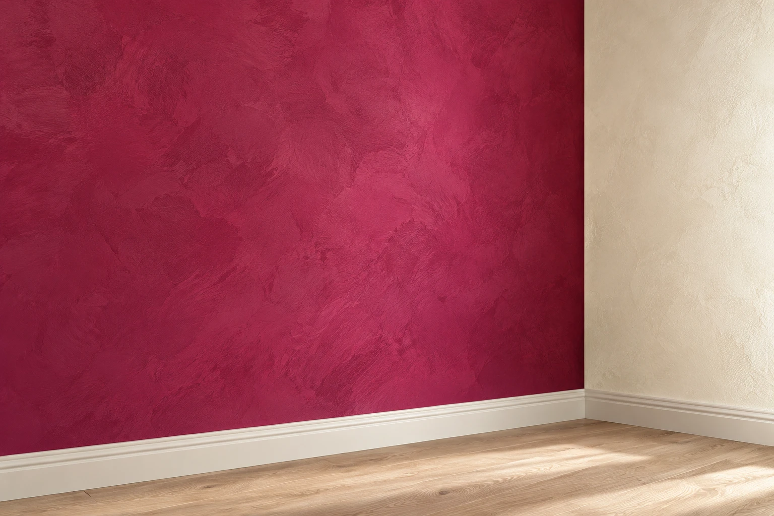Fuchsiafarbene Wand mit strukturierter Oberfläche neben einer cremefarbenen Wand